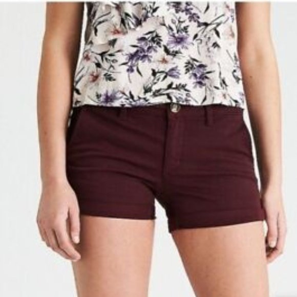American Eagle Twill Stretch-Fit Women's Maroon Midi Shorts Size 0 - Picture 1 of 6